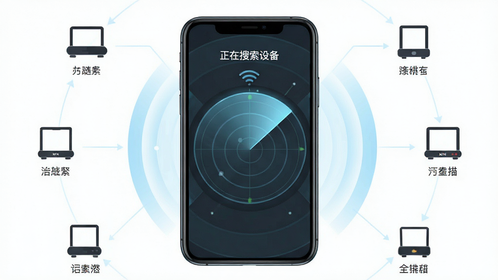 展示MINI应用设备扫描界面的概念图,主体为手机屏幕中呈现雷达扫描动画效果,周围环绕多个设备图标,布局以手机为中心向外辐射,风格为扁平化科技插画风,细节上雷达波纹用淡蓝色渐变表现,设备图标带有简洁标签,屏幕上方显示