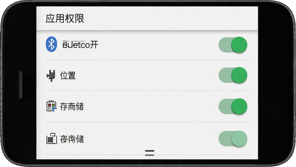 MINI应用在安卓手机上的权限设置界面截图风格示意图,主体为手机屏幕显示权限管理列表,包含蓝牙、位置、存储等开关选项,布局为纵向列表式,风格为系统设置界面写实风,细节上开关按钮为绿色开启状态,屏幕顶部有
