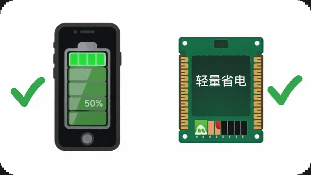展示MINI应用低资源占用特性的对比示意图,主体为手机电池与内存条图标,旁边配有绿色对勾标记,布局为横向排列,风格为简约图标风,细节上电池图标显示满电状态,内存条显示低占用百分比,屏幕中带有