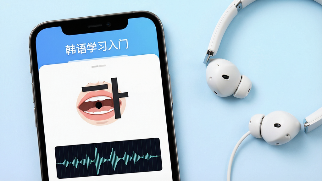 一张韩语学习入门应用内发音教学页面的截图,画面主体是手机屏幕,屏幕上显示韩语字母“”的发音口型动画和音波对比图,屏幕上方标注应用名称“韩语学习入门”,手机旁放置一副白色耳机,背景为淡蓝色渐变,排版简洁,风格现代,画质清晰干净,无多余装饰元素。