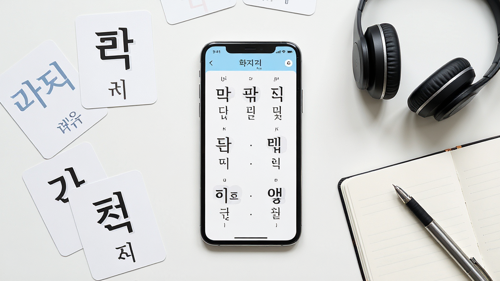 一张韩语学习入门应用的主界面场景图,画面中央是一部竖屏手机,手机屏幕上清晰显示着韩语字母表与发音示意图,手机周围环绕着韩文假名卡片、耳机、笔记本和一支笔,背景是一张整洁的书桌,整体布局居中对称,风格清新简约,细节上手机屏幕内的文字清晰可见,画质干净明亮,无多余杂物。