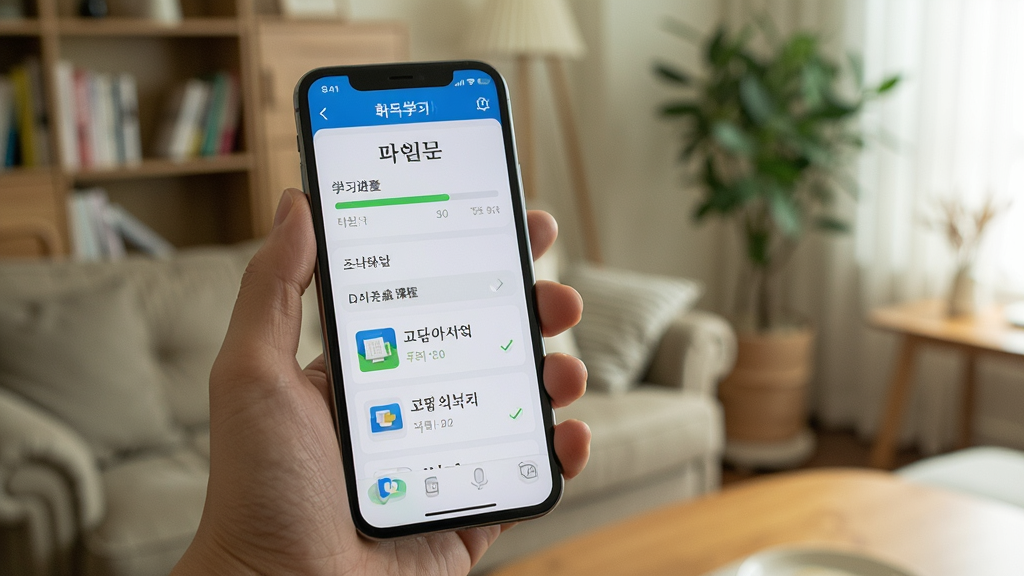 一张展示韩语学习入门应用在手机上使用的场景图,画面中一只手拿着手机,手机屏幕显示韩语学习入门的学习进度页面,页面中有进度条和已完成课程列表,背景是模糊的室内环境,光线柔和,构图以手机屏幕为视觉中心,风格真实自然,画质清晰,无多余元素。