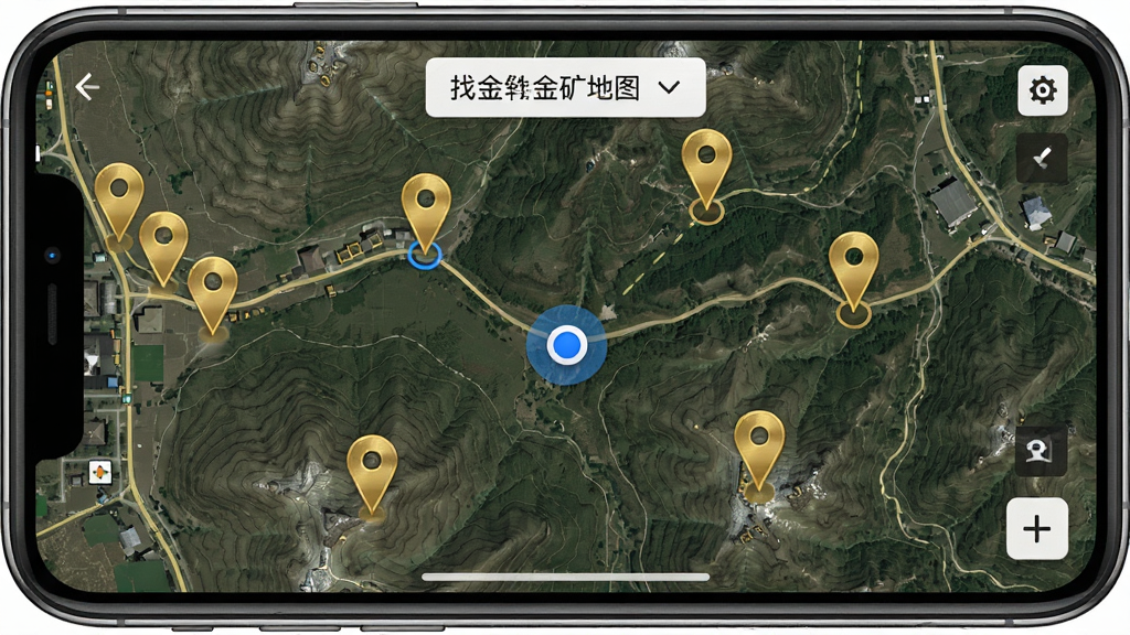 主体为找金软件金矿地图标记界面,布局为手机横屏显示卫星地图,排版为地图占据主要区域顶部有筛选按钮,风格为户外写实风,细节包括多个金色图钉标记、地形等高线、当前位置蓝点,画质为高清,干净,无多余元素。