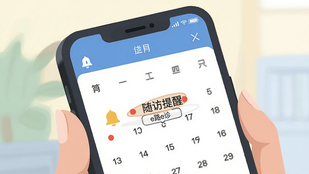 画面主体为一只手持手机,手机屏幕显示日历界面,日期上标注了“随访提醒”和“e路e诊”字样,旁边有铃铛图标。布局为特写镜头,风格为扁平化生活插画。细节包括手机边缘的阴影、日历上的红点标记和柔和的背景色块,画质干净,无多余元素。