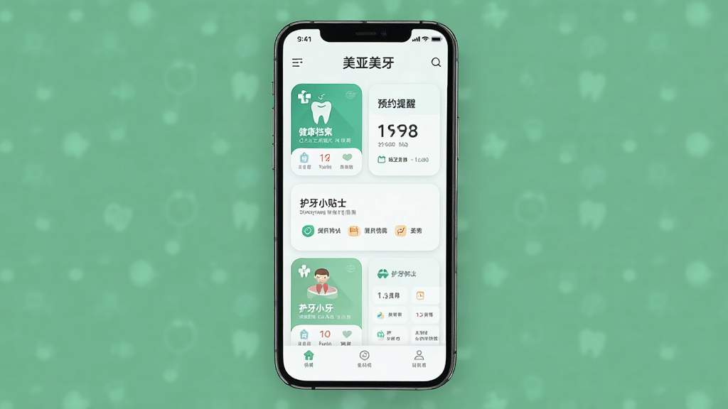 软件主界面展示图,画面中央是手机屏幕,屏幕上显示美亚美牙软件的主页,包含口腔健康档案卡片、预约提醒、护牙小贴士等模块,布局清晰,排版整齐,风格现代简约,细节精致,画质高清,干净,无多余元素
