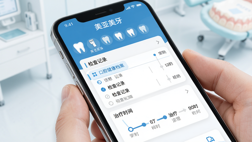 口腔健康档案管理界面图,画面展示手机屏幕上的美亚美牙档案页面,包含牙齿图标、检查记录列表、治疗时间线,布局规整,排版清晰,风格清新医疗风,细节丰富,画质高清,干净,无多余元素