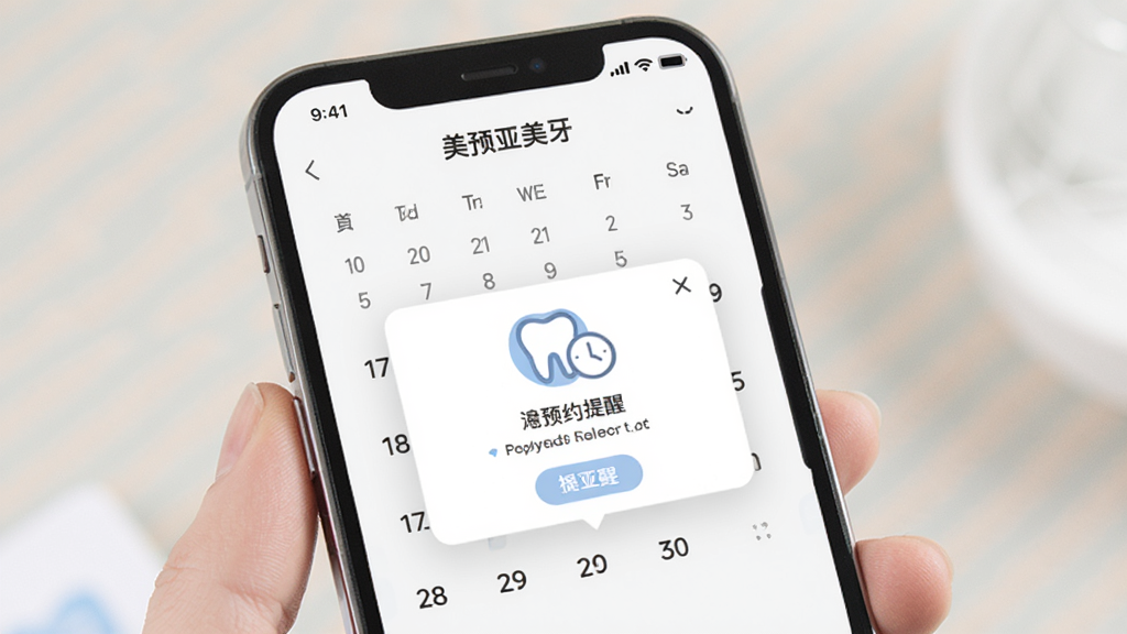 诊疗预约提醒界面图,画面中手机屏幕显示美亚美牙的预约日历和提醒弹窗,包含牙齿图标和时钟元素,布局简洁,排版直观,风格柔和,细节到位,画质清晰,干净,无多余元素