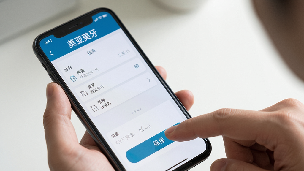美亚美牙在手机上的操作演示图,画面展示手持手机,屏幕上显示美亚美牙的档案录入界面,手指正在点击保存按钮,布局聚焦屏幕,排版自然,风格真实使用场景,细节清晰,画质高清,干净,无多余元素