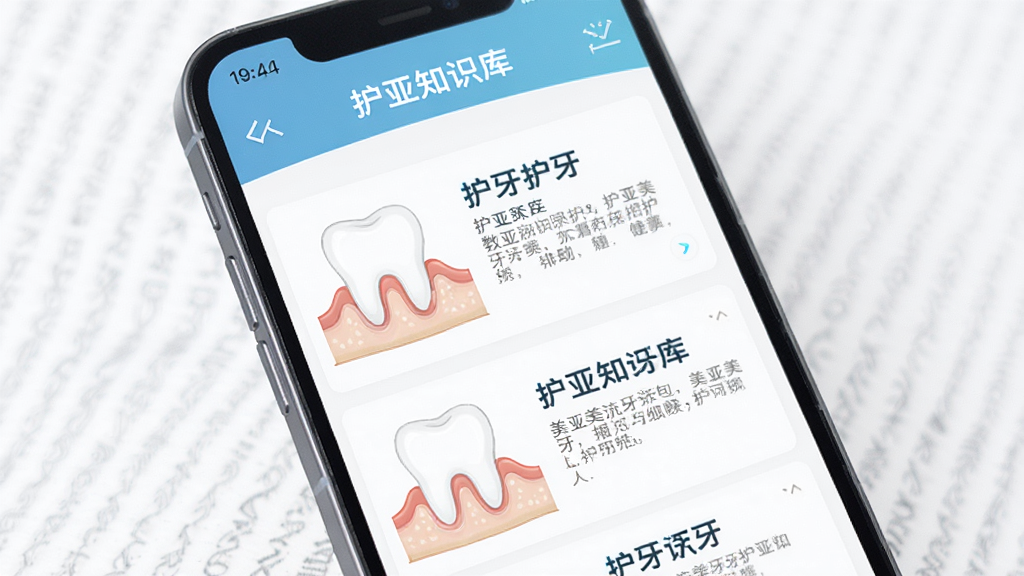 护牙知识库界面图,画面展示手机屏幕上的美亚美牙知识页面,包含图文并茂的护牙文章列表,有牙齿插画和文字说明,布局舒适,排版清爽,风格教育科普风,细节精致,画质高清,干净,无多余元素