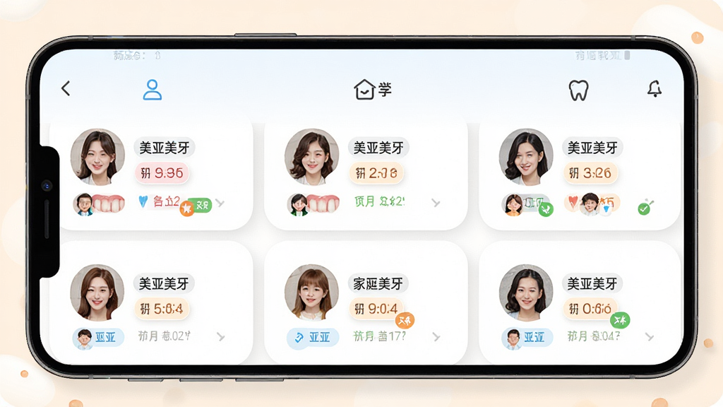 多角色协同管理界面图,画面中手机屏幕显示美亚美牙的家庭成员管理页面,包含多个头像和对应的口腔健康状态标签,布局有序,排版明了,风格温馨家庭风,细节丰富,画质高清,干净,无多余元素