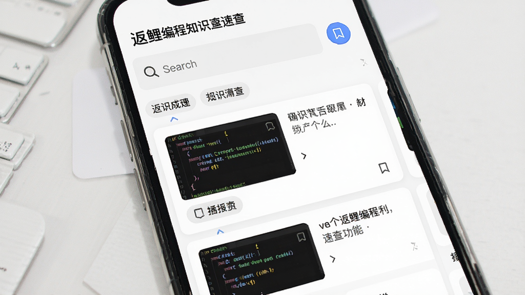 返鲤编程知识速查功能界面,手机屏幕展示搜索框与知识卡片列表,卡片内包含代码片段与文字说明,背景为白色清爽风格,布局为纵向列表,细节包含搜索图标、标签分类、书签按钮,画质高清,干净无多余元素