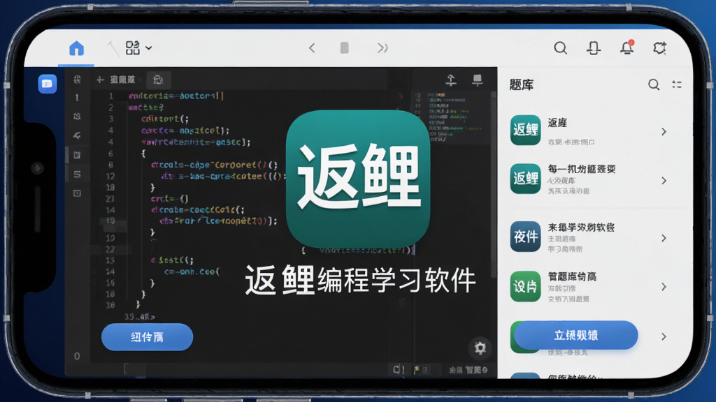 返鲤编程学习软件主界面展示,手机屏幕中央显示返鲤应用图标与名称,背景为深蓝色渐变科技风格,屏幕内展示代码编辑器界面与题库列表,布局简洁清晰,风格现代简约,细节包含代码高亮、按钮图标、导航栏元素,画质高清,干净无多余元素