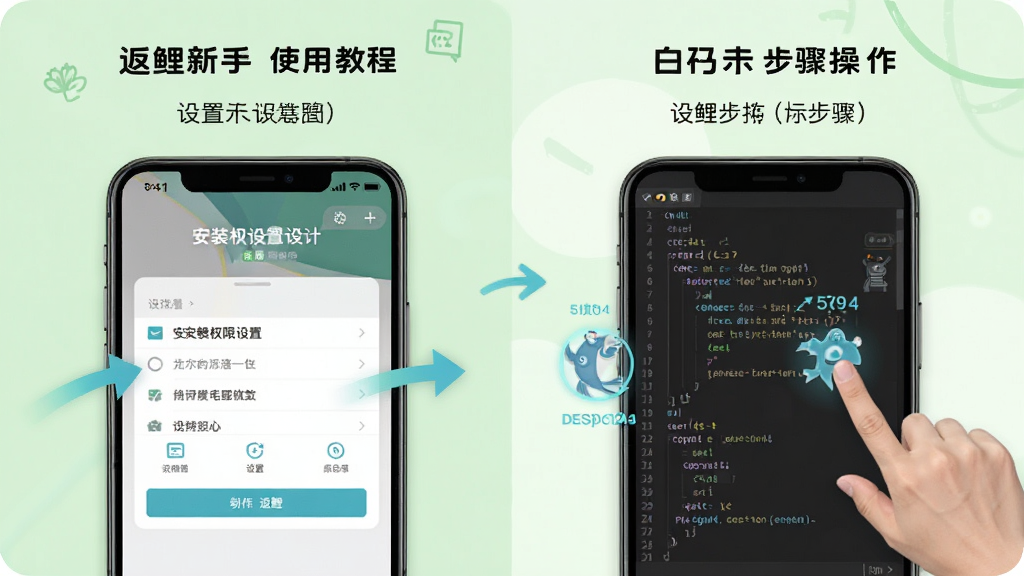 返鲤新手使用教程示意图,手机屏幕展示安装权限设置界面与代码编辑器操作步骤,背景为浅绿色清新风格,布局为左右分栏,左侧显示设置选项,右侧显示操作手势,细节包含箭头指引、文字标注、图标元素,画质高清,干净无多余元素