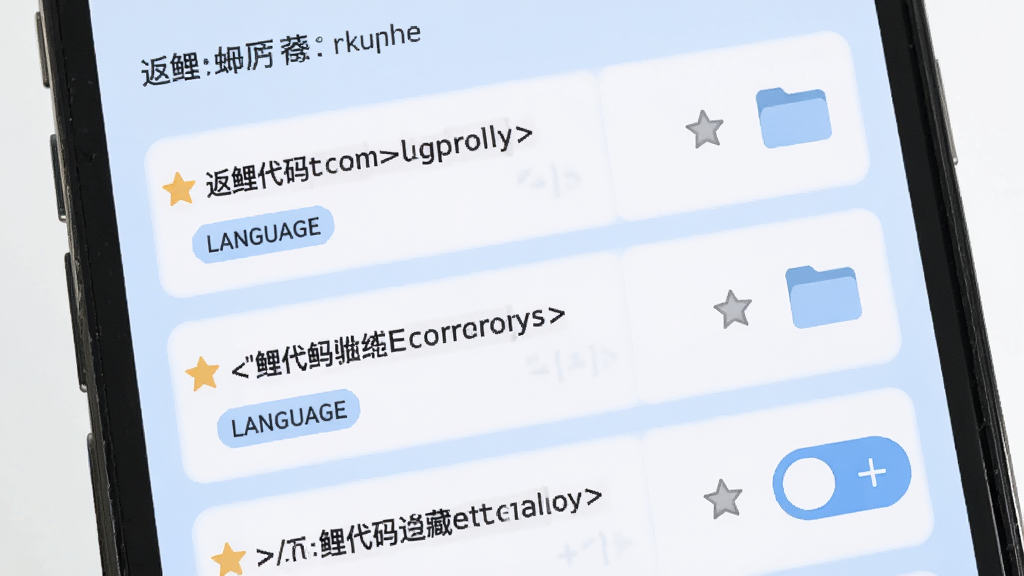返鲤代码片段收藏功能界面,手机屏幕展示收藏夹列表,每条收藏显示代码标题与语言标签,背景为浅蓝色柔和风格,布局为卡片式排列,细节包含收藏星标、分类文件夹图标、滑动操作按钮,画质高清,干净无多余元素