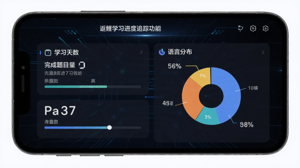 返鲤学习进度追踪功能界面,手机屏幕展示数据面板,包含完成题目数量、学习天数、语言分布饼图,背景为深色科技风格,布局为仪表盘式,细节包含进度条、数字统计、图表元素,画质高清,干净无多余元素