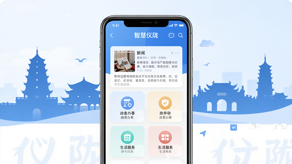 画面中央是一部智能手机,屏幕上显示着“智慧仪陇”APP的主界面,界面包含新闻资讯卡片、政务办事图标和生活服务入口,背景是仪陇当地标志性建筑剪影,整体采用蓝白渐变色调,扁平化UI风格,布局清晰,细节精致,画质高清,干净无多余元素