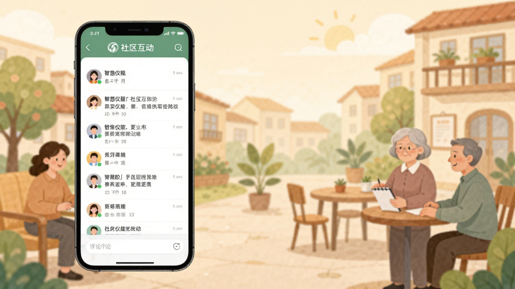 手机界面展示“智慧仪陇”社区互动页面,有用户头像、帖子列表和评论输入框,背景是温馨的社区场景插画,人物形象生动,色彩柔和,画质清晰,干净无多余元素