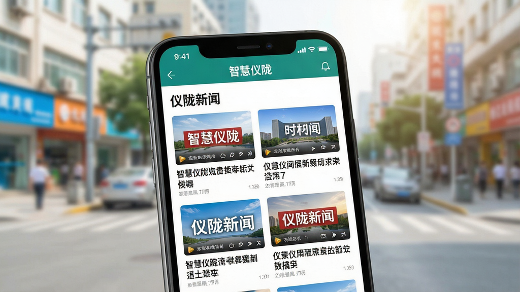 一张手机屏幕特写,屏幕上显示“智慧仪陇”新闻资讯列表页面,包含多张新闻缩略图和标题文字,画面中有“仪陇新闻”字样,背景是虚化的城市街景,明亮清新的视觉风格,细节清晰,画质锐利,干净无多余元素