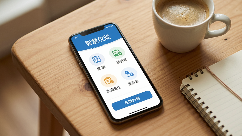 一部手机放置在木质桌面上,屏幕显示“智慧仪陇”政务办事页面,页面中有清晰的分类图标和“在线办理”按钮,旁边有一杯咖啡和笔记本,温暖的生活场景,画面干净整洁,画质高清,无多余元素