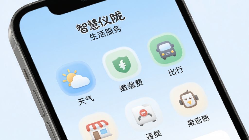 手机屏幕显示“智慧仪陇”生活服务页面,包含天气、缴费、出行等图标,背景是柔和的浅蓝色渐变,图标设计圆润可爱,整体风格清新简约,画面干净,画质细腻,无多余元素
