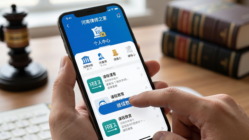 画面主体为一只手拿着智能手机,手机屏幕显示河南律师之家应用的个人中心页面与课程列表,手指正点击屏幕上的继续教育按钮,布局采用第一人称视角构图,手机占据画面主要位置,背景为虚化的办公桌与法律书籍,风格为写实生活科技风,细节上手指皮肤纹理自然,屏幕图标清晰,画质为4K超高清,画面干净,无多余元素