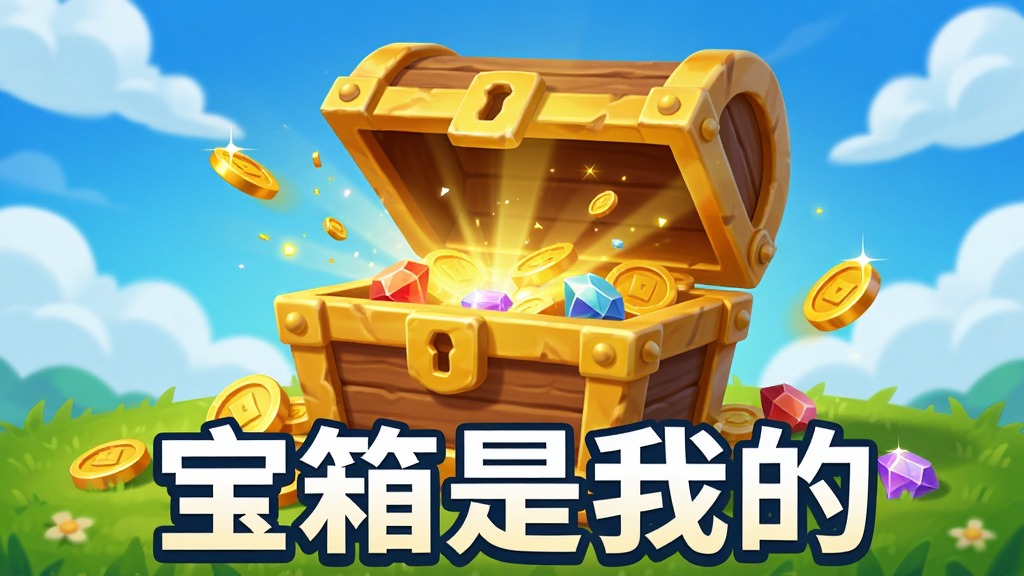 主体是一个打开的金色宝箱,光芒四射,宝箱周围散落着金币和宝石,布局为宝箱居中,背景是蓝天白云和绿色草地,排版采用游戏宣传海报风格,画风为卡通3D渲染,细节包括宝箱纹理清晰、金币闪光、粒子特效,画质高清,干净,无多余元素。图片中文字为“宝箱是我的”。