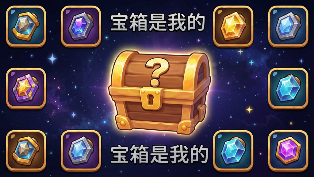 主体是一个游戏界面截图,画面中央是一个带有问号的宝箱,四周环绕着不同稀有度的道具图标,布局为宝箱居中,道具环绕四周,排版采用游戏UI风格,画风为卡通渲染,细节包括道具图标精致、宝箱有光泽、背景有星空特效,画质高清,干净,无多余元素。图片中文字为“宝箱是我的”。