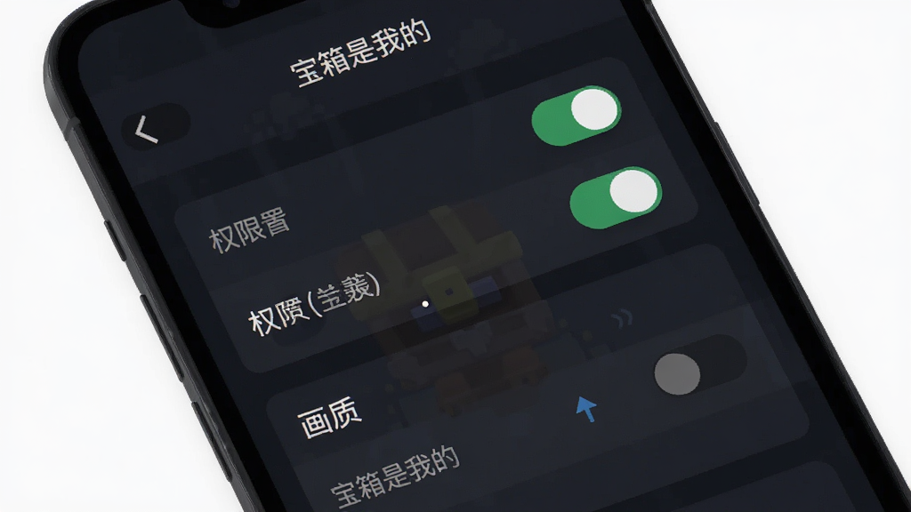 主体是一个手机屏幕显示游戏设置界面,画面中有权限开关和画质选项,布局为竖屏手机界面,排版采用游戏设置菜单风格,画风为扁平化UI,细节包括设置项清晰、有开关按钮、背景为深色,画质高清,干净,无多余元素。图片中文字为“宝箱是我的”。