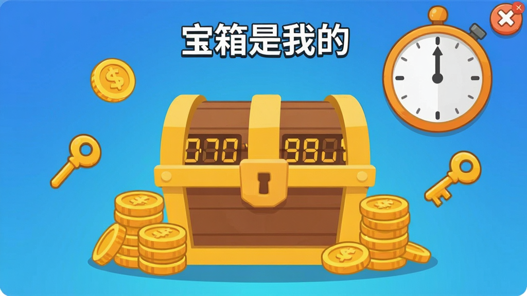 主体是一个离线收益领取界面,画面中有一个巨大的宝箱和倒计时时钟,周围漂浮着金币和钥匙图标,布局为宝箱居中、时钟在右上角,排版采用游戏弹窗风格,画风为卡通扁平化,细节包括金币堆叠、时钟指针清晰、背景为渐变蓝色,画质高清,干净,无多余元素。图片中文字为“宝箱是我的”。