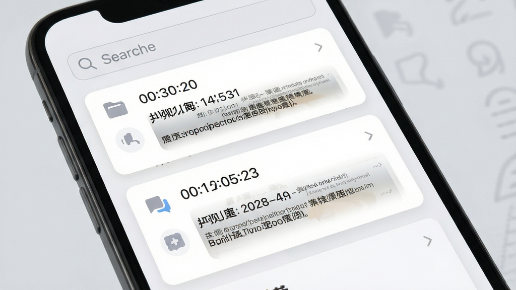 一张展示实时字幕软件历史记录功能的图片,画面主体为手机屏幕,屏幕中显示字幕历史列表,每条记录包含时间、语言和预览文字,顶部有搜索框,布局为列表式排版,风格为清新浅色风格,细节包括卡片式列表项、图标简洁、背景为浅灰色,画质高清,干净,无多余元素