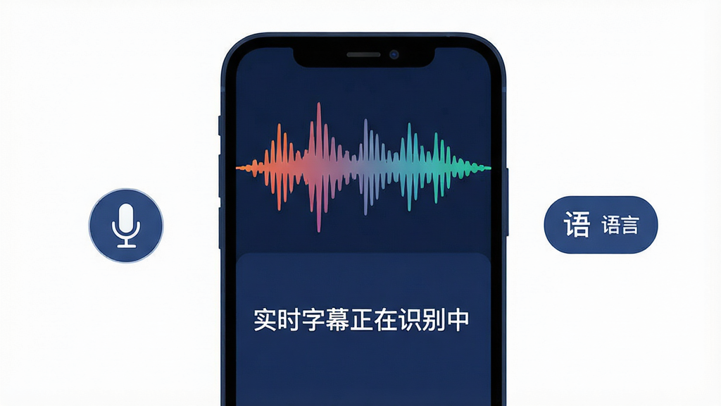 一张展示实时字幕软件语音识别功能的图片,画面中央为手机屏幕,屏幕中显示声波波形和实时生成的文字字幕,文字内容为“实时字幕正在识别中”,周围有麦克风图标和语言切换按钮,布局为上下结构,上方波形下方文字,风格为扁平化科技风格,细节包括波形颜色渐变、文字清晰、背景为深蓝色,画质高清,干净,无多余元素