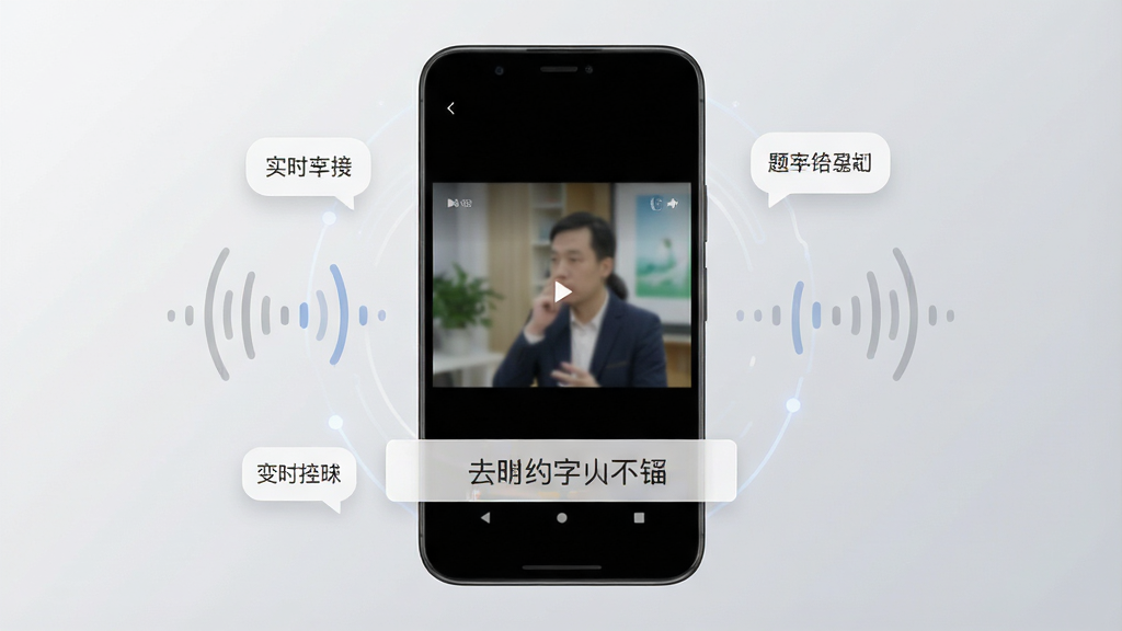 一张展示实时字幕软件界面的图片,主体为一部安卓手机屏幕,屏幕中显示视频播放画面,底部叠加白色半透明字幕条,字幕文字为中文,手机周围环绕声波图标和文字气泡,布局为居中展示,排版简洁明了,风格为现代科技感UI风格,细节包括手机边框圆角、字幕字体清晰、背景为浅灰色渐变,画质高清,干净,无多余元素