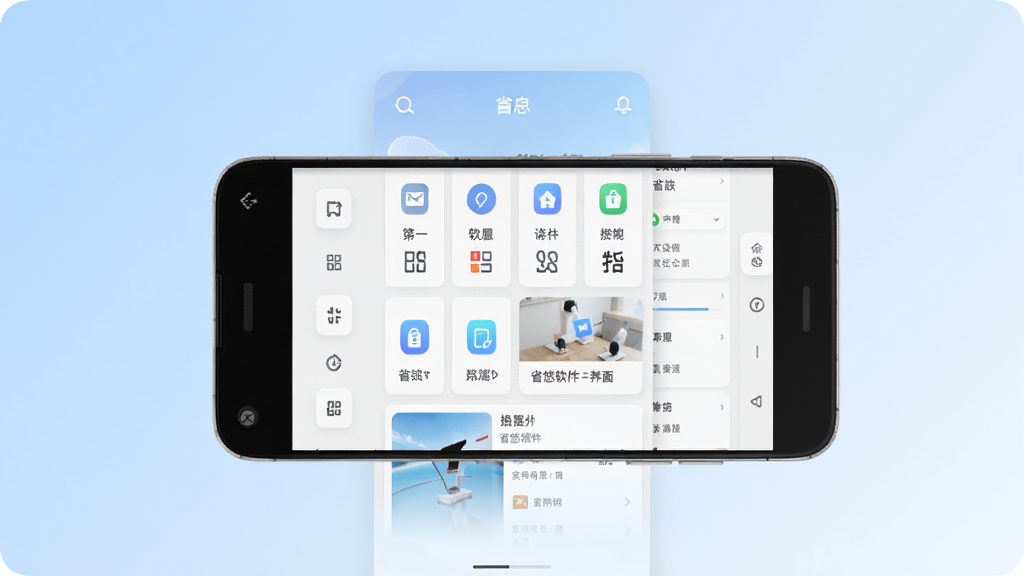 省悠软件主界面展示图,画面中央放置一部安卓手机,手机屏幕显示省悠应用首页,首页包含功能图标网格与卡片式信息流,背景为浅蓝色渐变,风格清新简约,细节清晰,画质干净,无多余元素