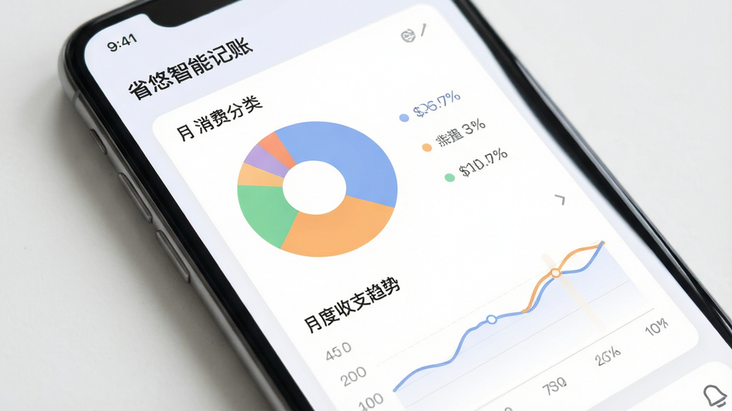 省悠智能记账功能界面图,手机屏幕显示饼状消费分类图表与月度收支趋势折线,界面配色柔和,数据清晰,风格现代简洁,画质干净,无多余元素