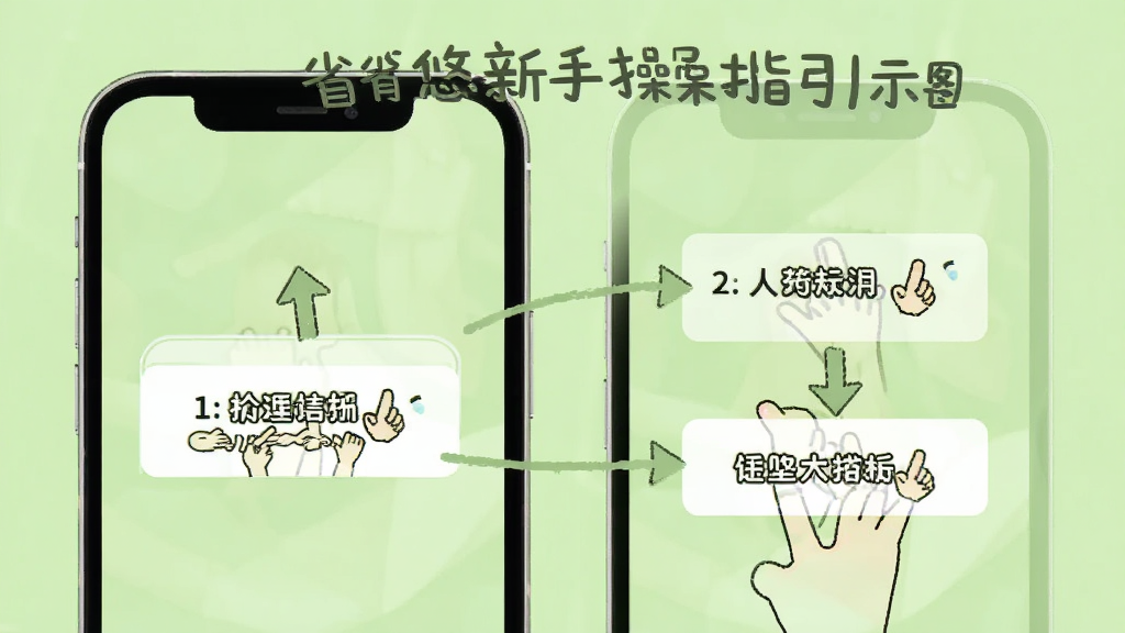 省悠新手操作指引示意图,画面展示手机屏幕上的分步操作提示,包含箭头引导与文字说明框,背景为浅绿色,风格友好清晰,画质干净,无多余元素