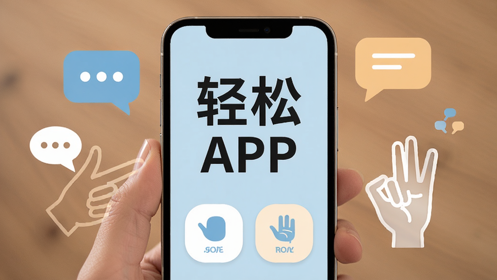 一张展示智能手机屏幕的图片,屏幕上显示着轻松无障碍APP的首页界面,界面设计简洁,包含大字体和醒目的图标按钮,背景为柔和的浅蓝色,手机周围环绕着代表沟通与帮助的抽象符号,如语音气泡和手语手势轮廓,整体风格现代、温馨,画质清晰,干净无多余元素