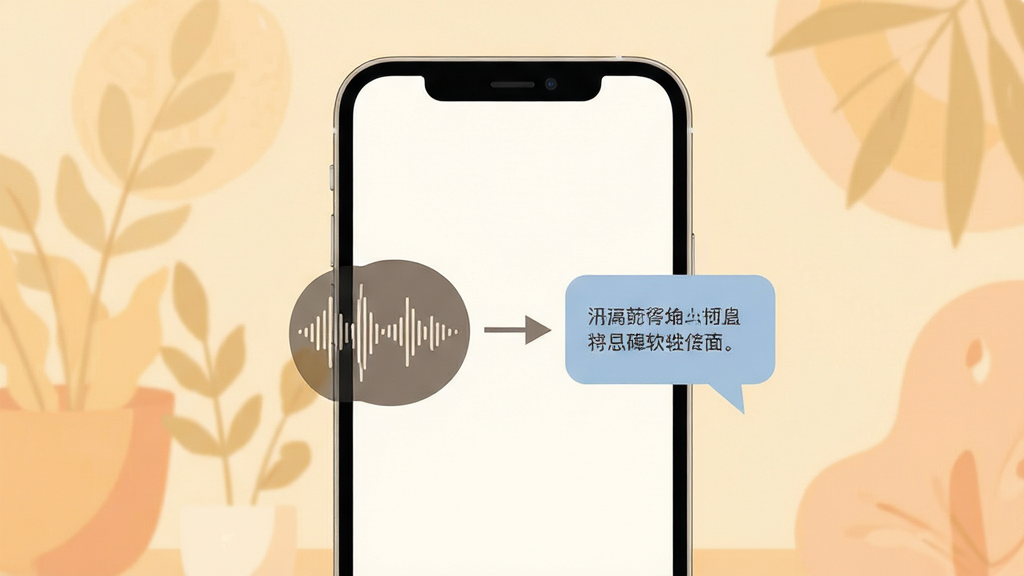 轻松无障碍软件界面展示,画面中央是一个手机屏幕,屏幕上显示着语音波形图标和文字气泡,两者之间用箭头连接表示互转,背景是柔和的暖色调,风格简洁扁平化,画质清晰,干净无多余元素