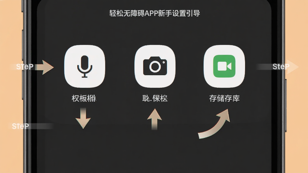 轻松无障碍APP新手设置引导界面,画面展示手机屏幕上的权限设置页面,有麦克风、摄像头、存储等图标,周围有箭头指示操作步骤,背景为浅橙色,风格清晰明了,画质干净无多余元素