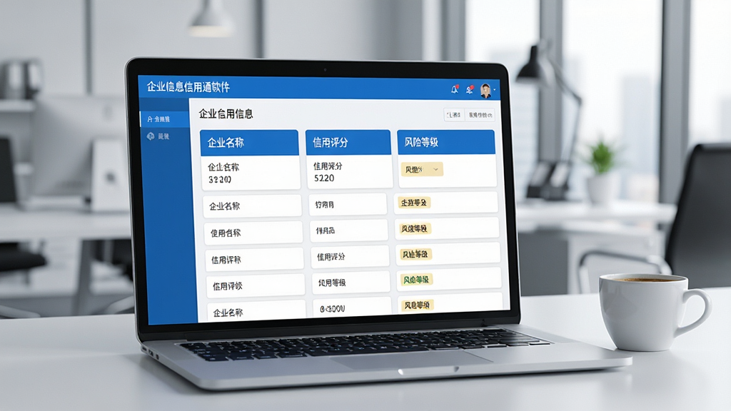 一张展示企业信息信用通软件界面的图片,画面中央是软件主界面,显示企业信用信息查询结果列表,包含企业名称、信用评分、风险等级等核心数据卡片,界面风格简洁商务,配色以蓝白为主,背景是现代化的办公环境,桌面上有一台笔记本电脑和一杯咖啡,整体风格写实商务,细节清晰,画质高清,干净整洁,无多余元素