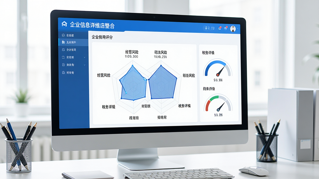 一张展示企业信息信用通多维数据整合功能的图片,画面中央是软件界面,以雷达图或仪表盘形式展示企业信用评分、经营风险、司法风险、税务评级等多个维度数据,界面风格现代简洁,蓝白配色,背景是明亮的办公桌面,有一台显示器和一些办公文具,整体风格商务科技感,细节丰富,画质高清,干净整洁,无多余元素