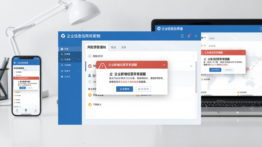 一张展示企业信息信用通风险预警功能的图片,画面中央是软件界面,显示一条风险预警通知弹窗,内容为企业新增经营异常提醒,界面风格简洁商务,蓝白配色,背景是手机和笔记本电脑同时显示预警信息,桌面环境整洁,整体风格写实商务,细节清晰,画质高清,干净整洁,无多余元素
