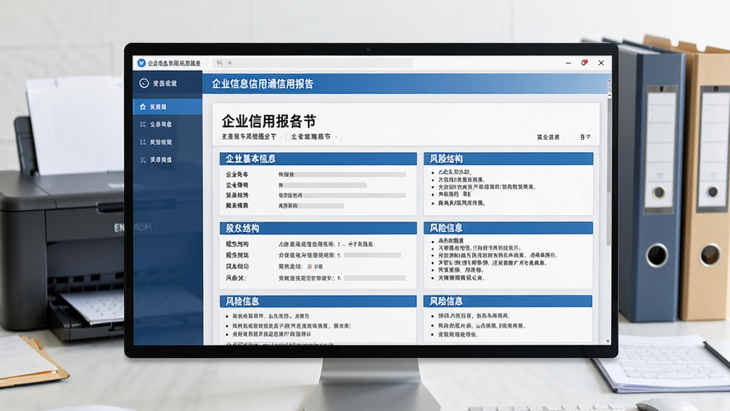 一张展示企业信息信用通信用报告生成功能的图片,画面中央是软件界面,显示一份企业信用报告的预览页面,报告包含企业基本信息、股东结构、风险信息等板块,界面风格专业商务,蓝白配色,背景是办公桌上有一台打印机和文件夹,整体风格写实商务,细节清晰,画质高清,干净整洁,无多余元素