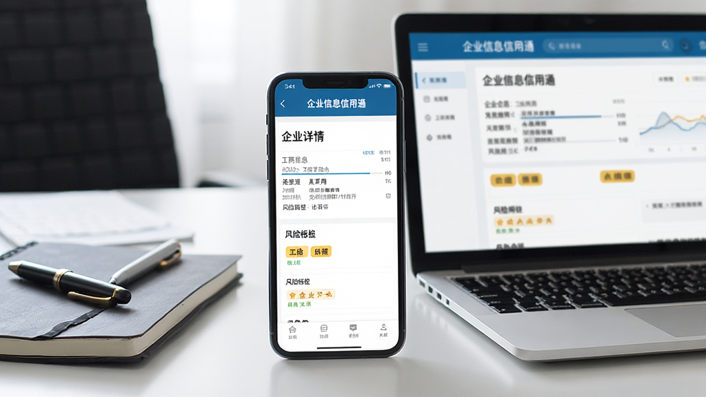 一张展示企业信息信用通手机端使用场景的图片,画面中央是一部智能手机,屏幕上显示企业信息信用通的企业详情页面,包含工商信息和风险标签,手机旁边有一台笔记本电脑显示相同界面,背景是整洁的办公桌面,有笔记本和笔,整体风格写实商务,细节清晰,画质高清,干净整洁,无多余元素