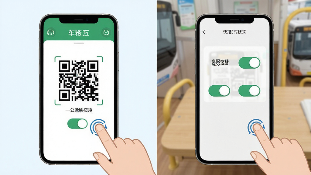 公交地铁一扫通使用技巧示意图,画面为手机屏幕显示乘车码与桌面快捷方式设置界面,布局为左右分屏对比,排版直观,风格为清爽浅色教程风,细节包含二维码、设置开关、手指点击图标,画质清晰干净无多余元素