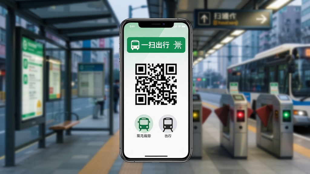 一张公交地铁一扫通软件主界面展示图,画面中央是一部竖屏智能手机,屏幕显示乘车二维码与公交地铁图标,背景为虚化的城市公交站与地铁闸机场景,布局采用居中构图,风格为现代扁平化UI展示风,细节包含二维码、绿色出行标识、站台灯光,画质清晰干净无多余元素