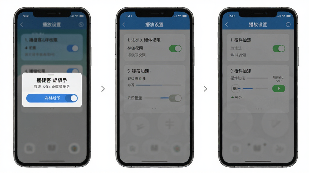 播捷客新手安装设置界面,主体为手机屏幕显示权限授予弹窗与播放设置选项,布局为分步截图样式,风格清晰教学,细节包含存储权限开关与硬件加速按钮,画面干净,高分辨率,无多余元素
