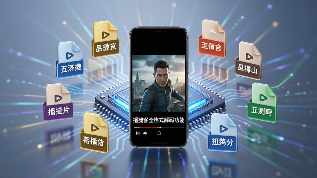播捷客全格式解码功能展示,主体为悬浮的多种视频文件格式图标环绕手机屏幕,屏幕显示正在播放高清影片,布局呈放射状,风格科技感,细节包含格式文字标签与解码芯片图形,画面干净,高分辨率,无多余元素