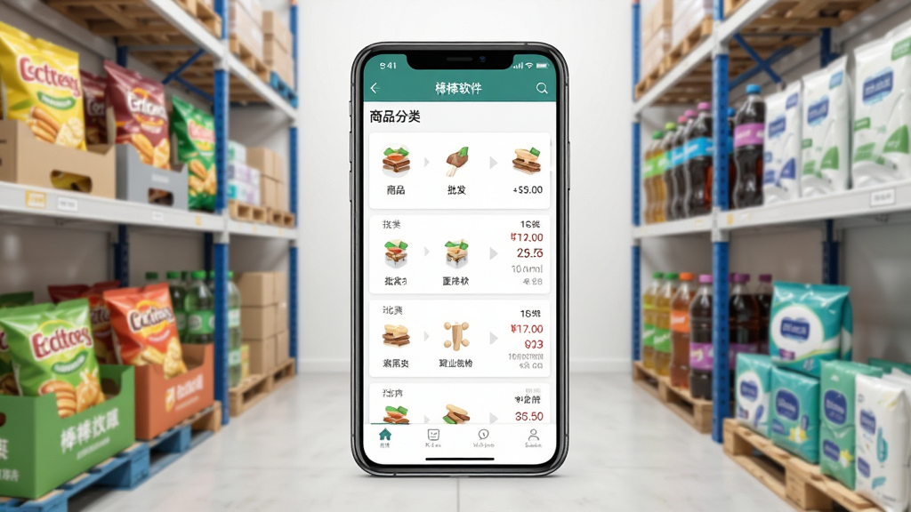 棒棒进货软件主界面展示图,画面中央放置一部智能手机,屏幕显示商品分类与批发价格列表,背景为整洁的仓库货架,风格简洁明亮,细节包含零食箱、饮料瓶与日用品包装,画质清晰干净,无多余元素