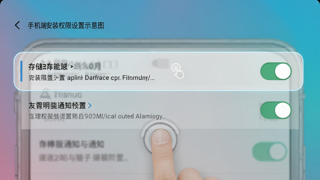 棒棒进货手机端安装权限设置示意图,画面展示安卓手机设置界面,高亮显示存储与通知权限开关,背景为纯色渐变,风格科技简洁,细节包含手指点击图标与权限说明文字,画质清晰,布局规整