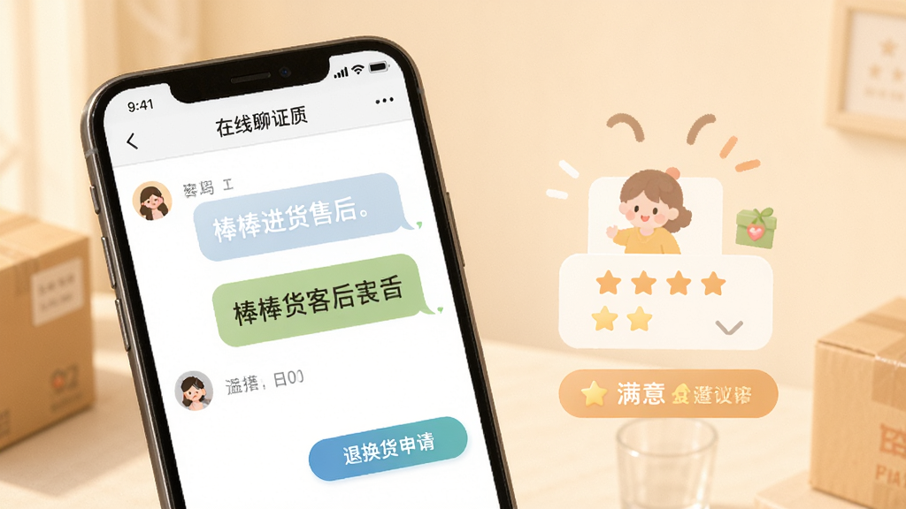 棒棒进货客服售后页面展示,手机屏幕显示在线聊天窗口与退换货申请按钮,背景为柔和暖色调,风格亲切友好,细节包含对话气泡与满意评价图标,画质细腻,布局清晰,无多余装饰